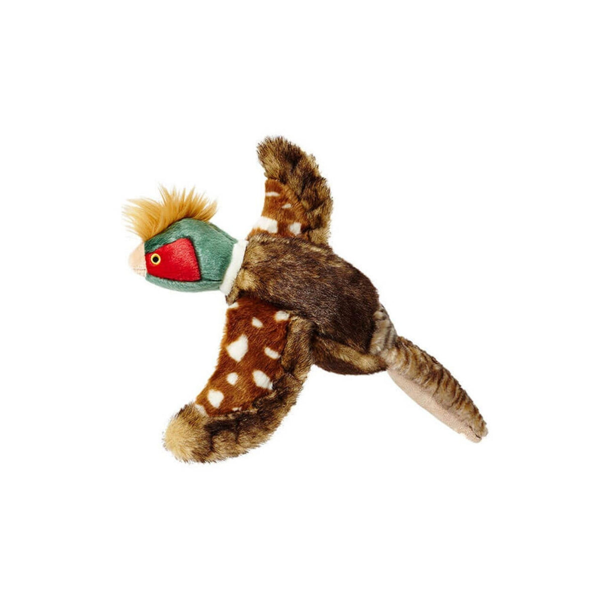 Fluff &amp; Tuff Ike Pheasant plush dog toy with spotted brown wings, striped tail feathers and green head