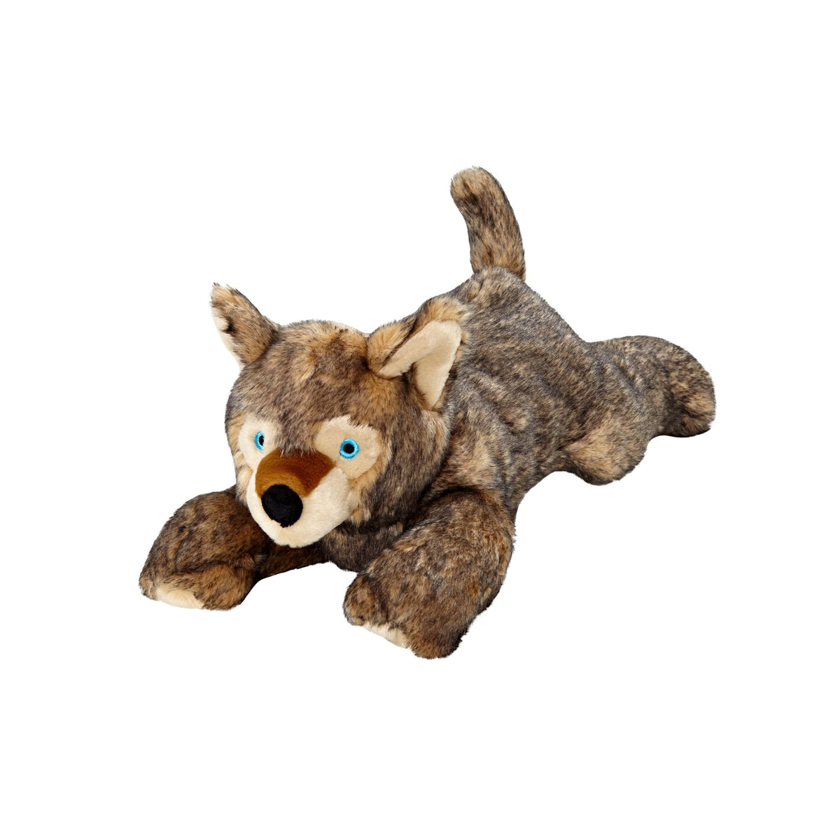 Fluff and Tuff Lobo Wolf Pup extra large plush dog toy in grey and brown with blue eyes on white background