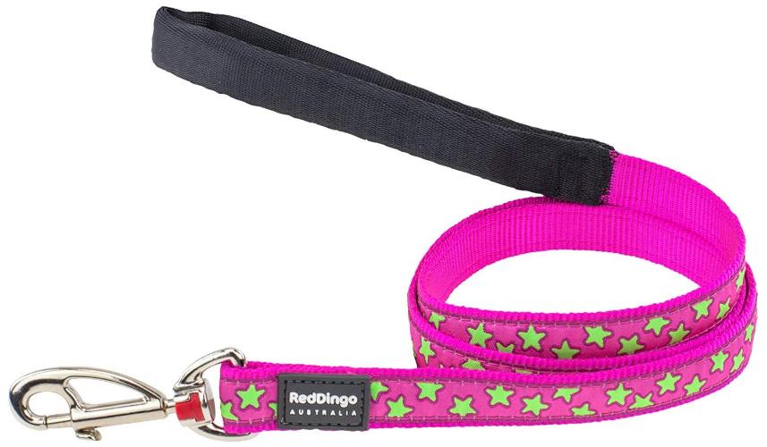 Red Dingo dog lead in hot pink with lime green star pattern and padded handle